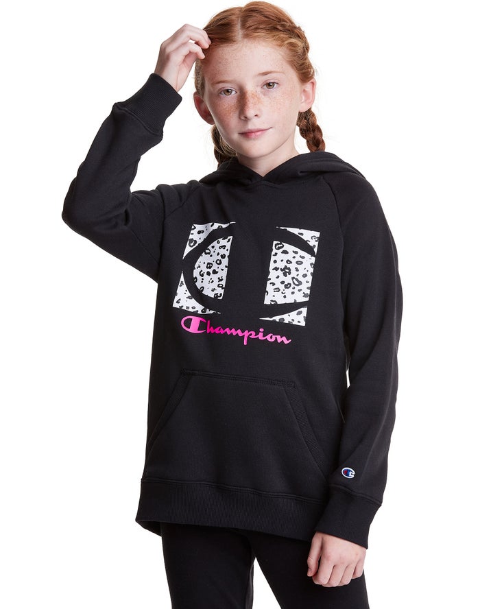 Champion Fleece Raglan Leopard Knockout Logo Hoodie Meisjes - Zwart - Belgie 7194XQKPY